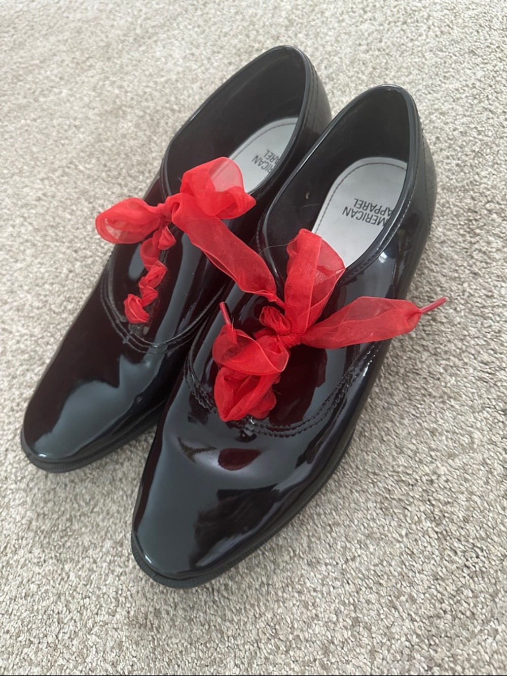 American Apparel Black Patent Oxfords with Red Ribbon Bows size 9